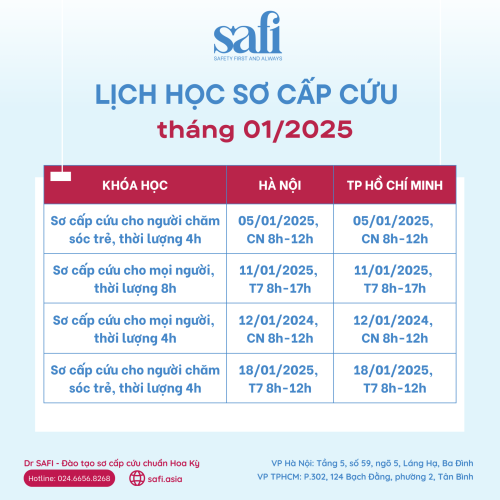 Lịch học sơ cấp cứu tháng 1/2025 - SAFI đào tạo sơ cấp cứu