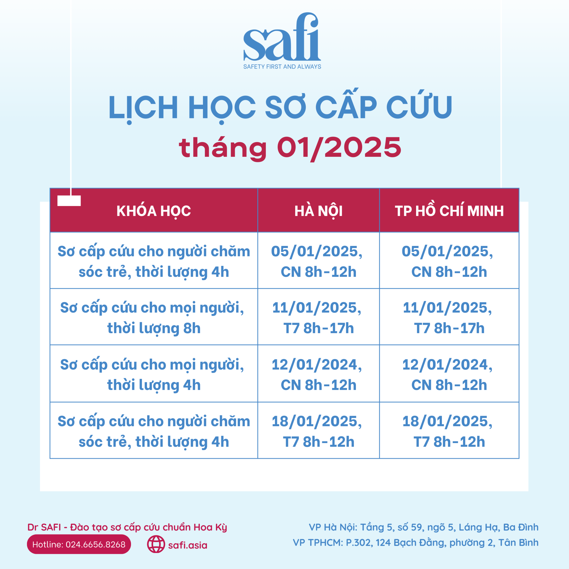 Safi đào  tạo sơ cấp cứu - lịch học sơ cấp cứu tháng 1/2025