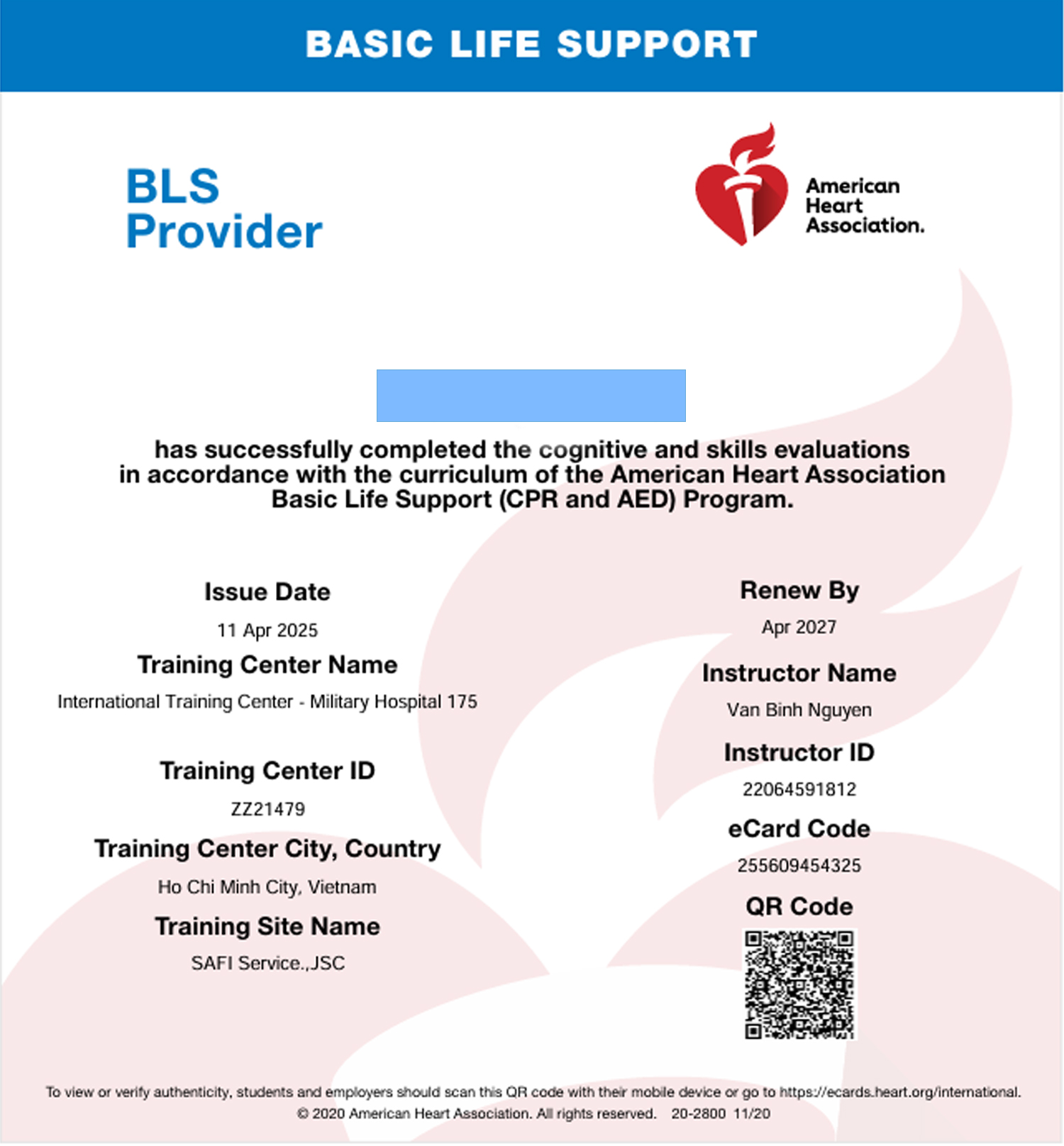 Chứng nhận khóa sơ cấp cứu Hồi sinh tim phổi cơ bản AHA BLS Basic Life Support SAFI